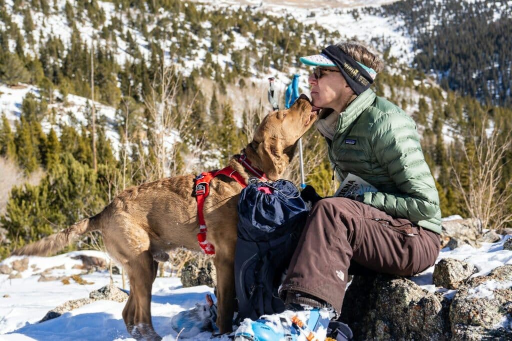 man in black jacket hugging brown short coated dog
