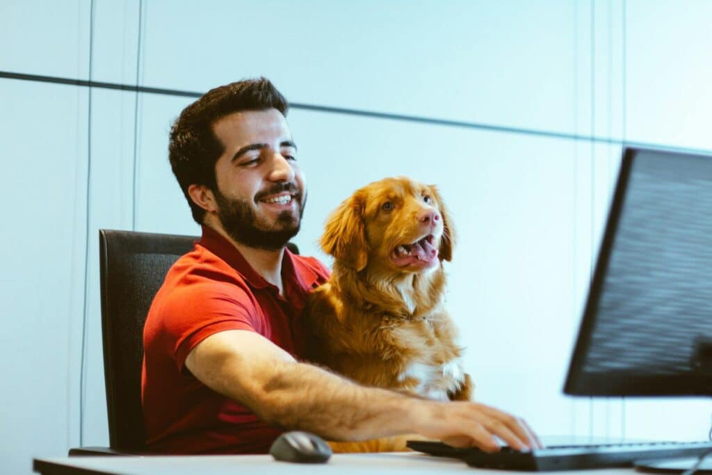 Jobs Working With Animals in the DMV: Career Paths for Animal Lovers 1 dog sitting on man's lap while using computer